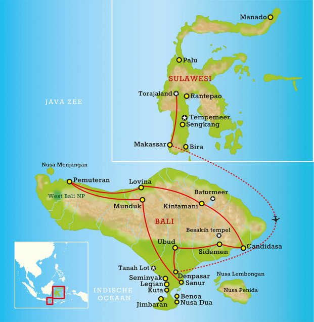 Routekaart Sulawesi, Bali Experience 21 dagen